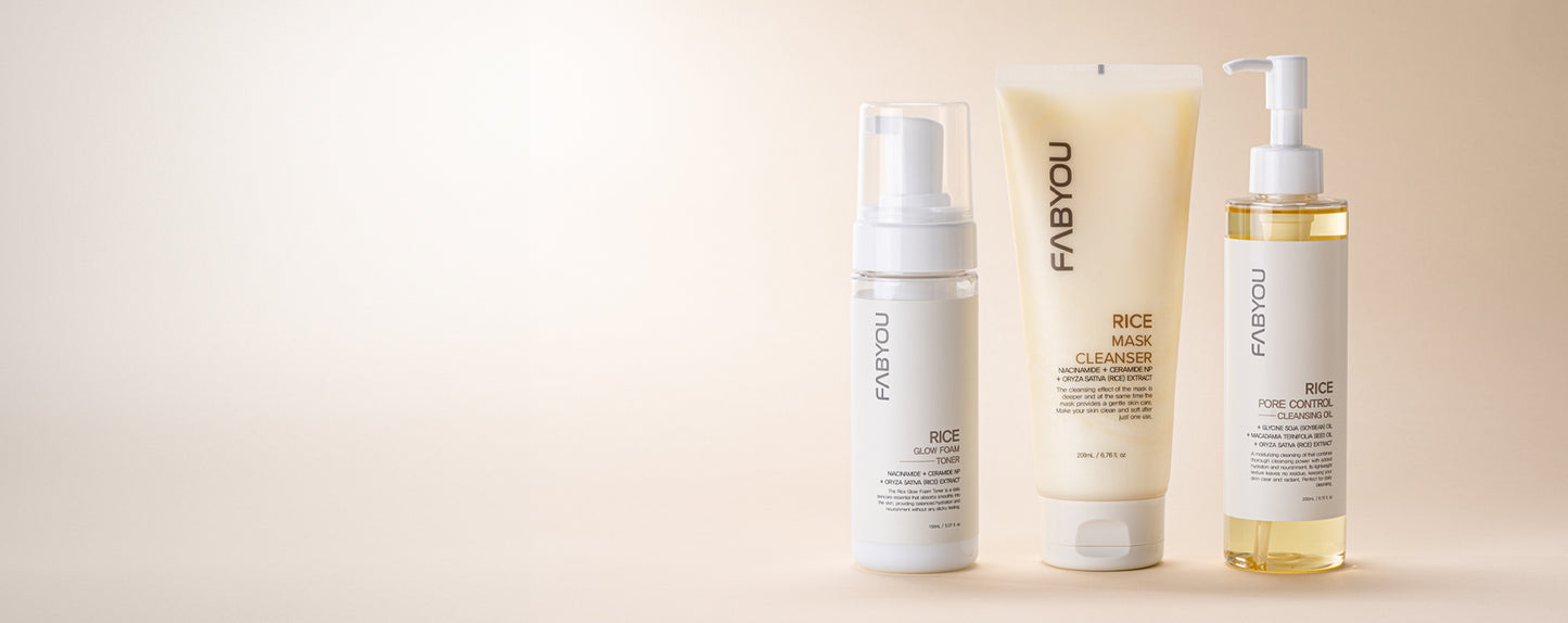 FABYOU Rice Skincare Collection featuring Glow Foam Toner, Pore Control Cleansing Oil, and Rice Mask Cleanser with Niacinamide, Ceramide, and Rice Extract. Korean skincare for deep cleansing, hydration, and brightening. 
